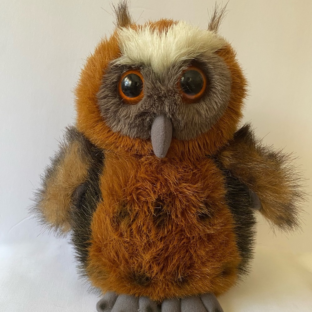 Vintage Brown Hoot Owl Realistic Bird Aurora Plush A&A Orange Eyes